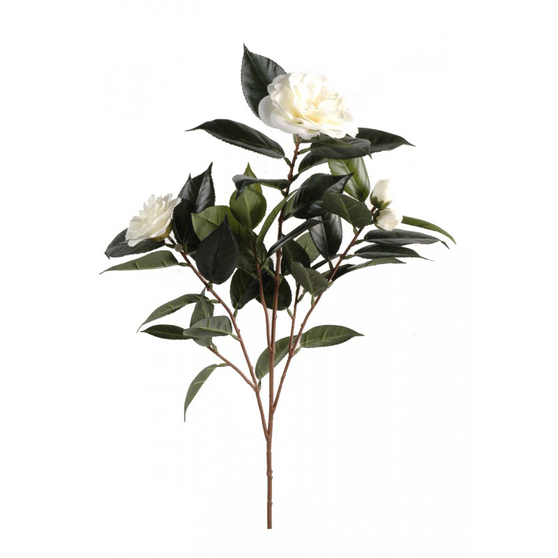 Camelia Artificiale Verde, ramo con 63 foglie, 2 fiori e 2 boccioli